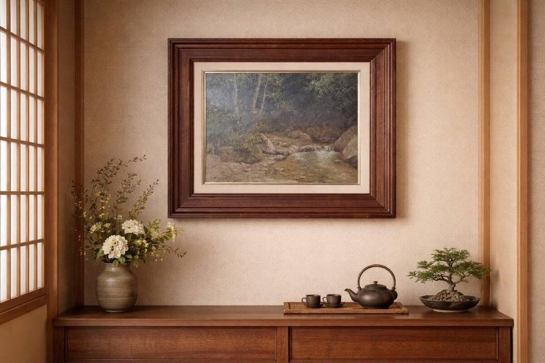 Authentic Yukio Tazome Oil Painting (No.6) Mountain Stream – Framed – Showa-Era Western-Style: An authentic oil painting titled Mountain Stream by Yukio Tazome. This No.6 oil painting beautifully captures a serene mountain stream flowing through forested terrain. Tazome was known for his sensit