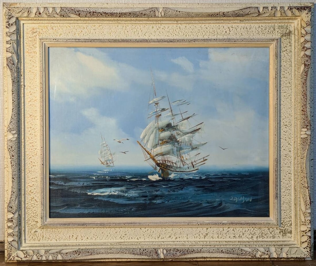Oil Painting (No.6) Sailing Ship Across the Open Sea – A Poetic Voyage Under Blue Skies (1 of 8)