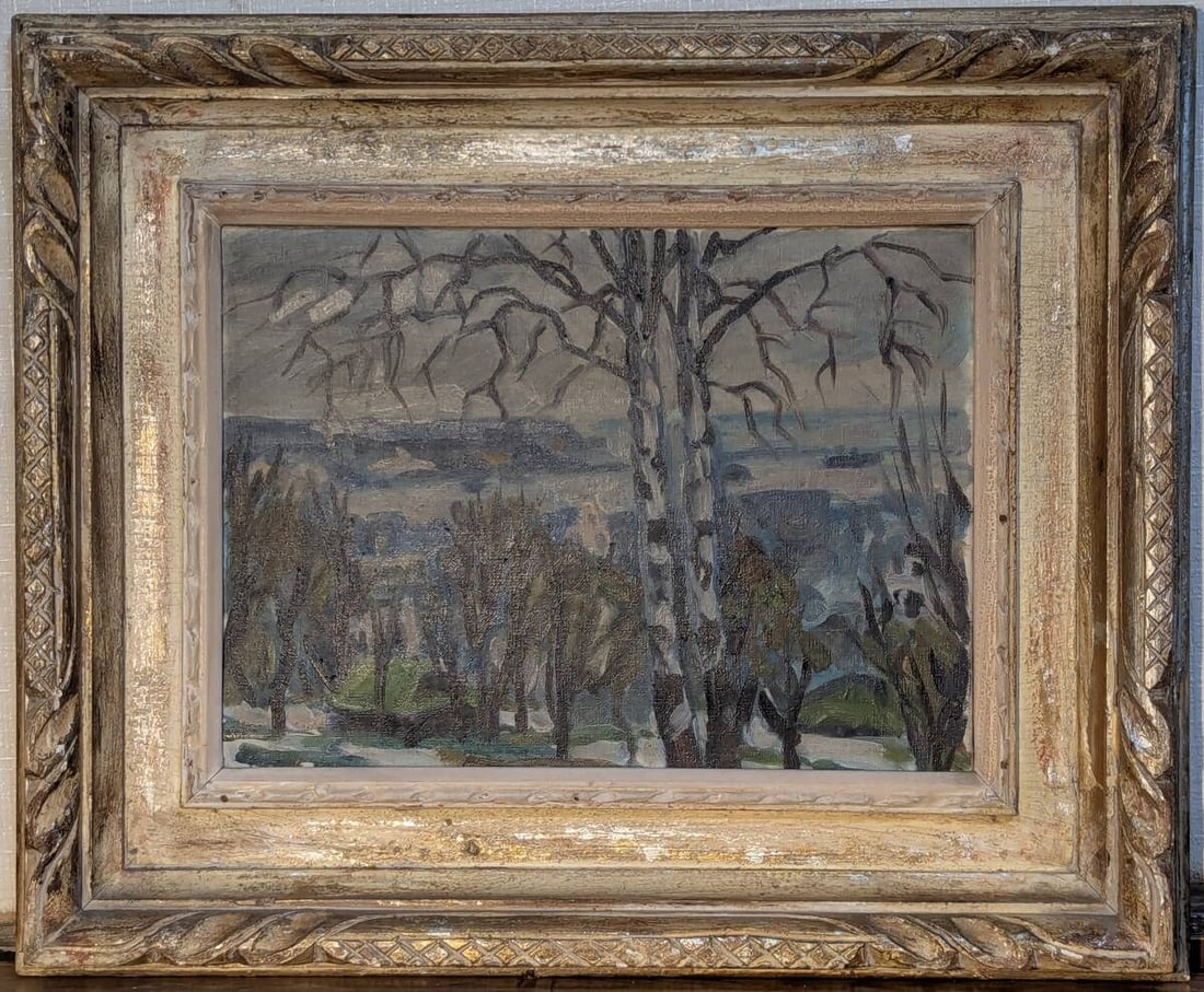 Oil Painting (No.4) From the Park in Early Winter – A Quiet Scene with Depth: An original oil painting (No.4 size) depicting a tranquil park landscape in early winter. The composition captures a serene seasonal transition, where fallen leaves have thinned and bare branches