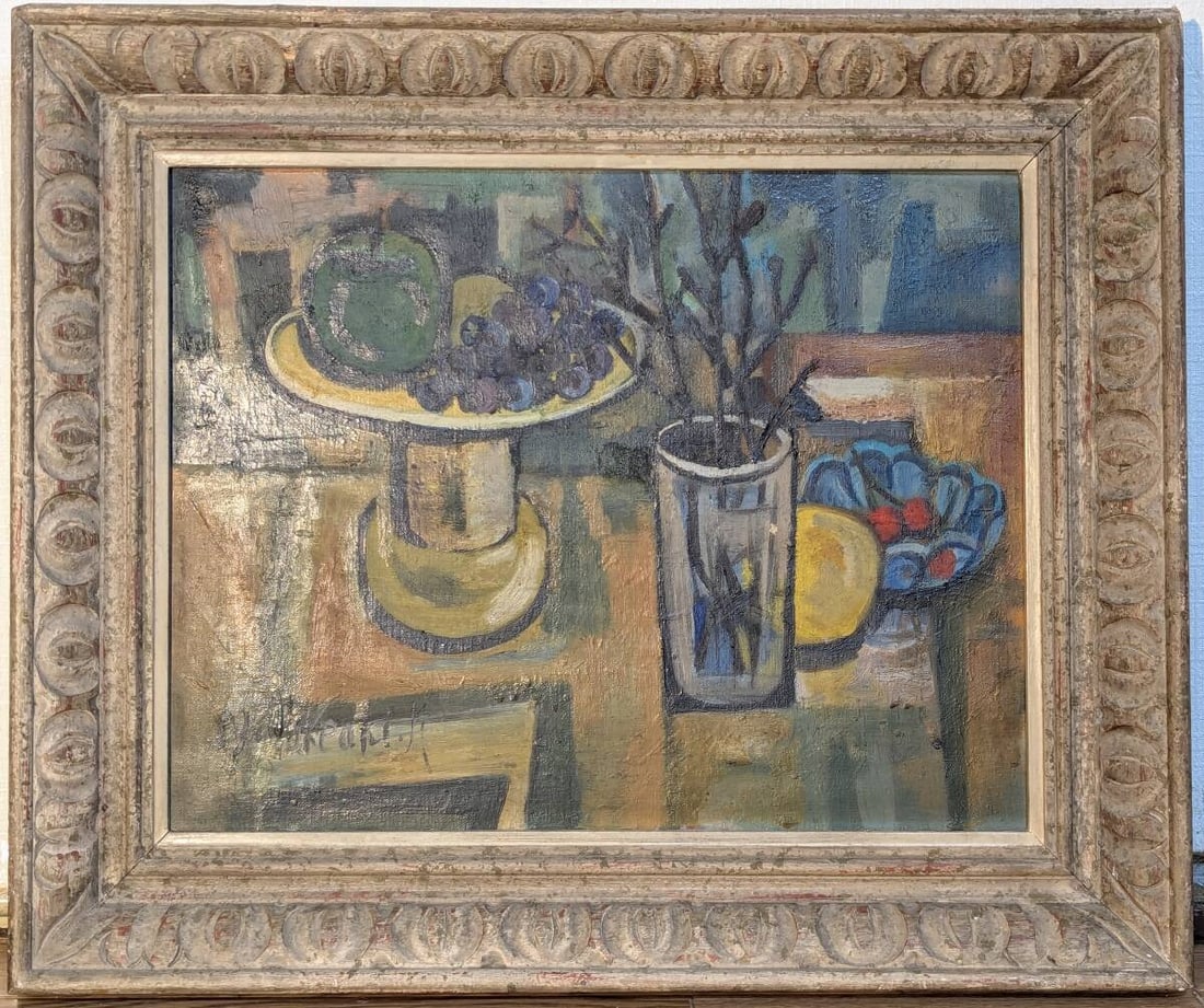 Oil Painting (No.6) Still Life – Green Apples and Grapes in a Glass Vase (Antique Framed): An original oil painting (No.6 size) depicting a refined still life composition of fruit and a glass vase. The arrangement features fresh green apples and clusters of grapes, accompanied by a