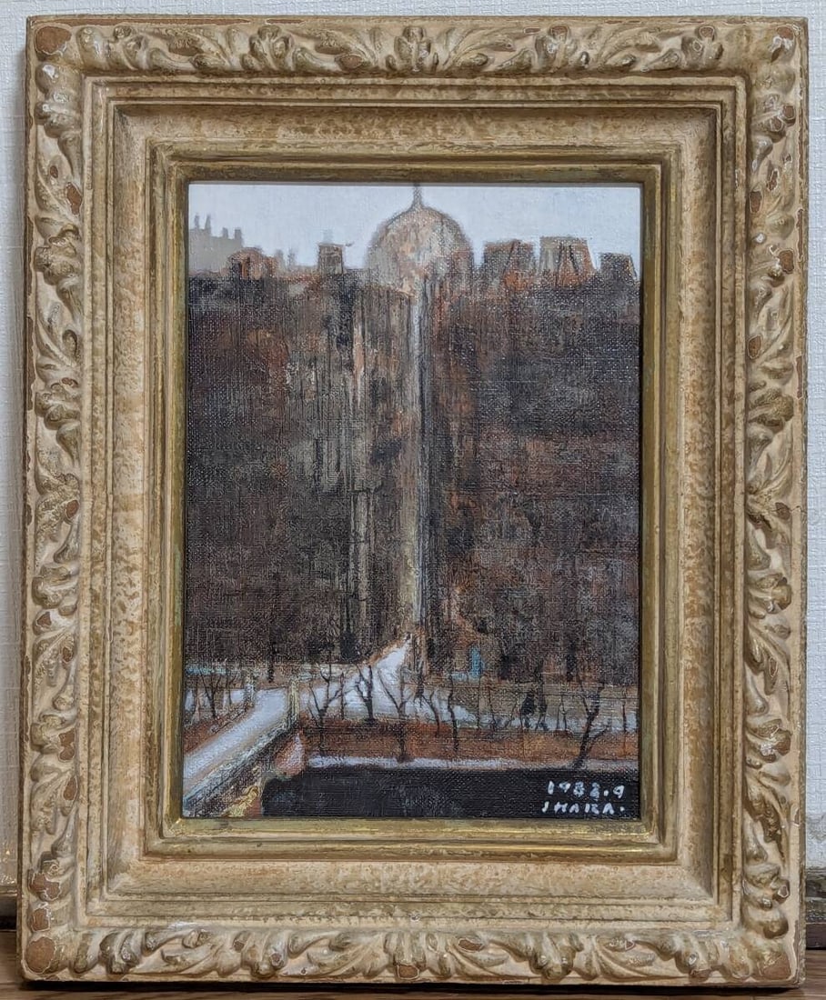 Oil Painting (No.4) Urban Landscape with Dome and Streetscape – Architectural City View: An original oil painting (No.4 size) depicting a cityscape featuring a domed building and tree-lined streets. The composition balances architectural form with urban atmosphere. The central dome