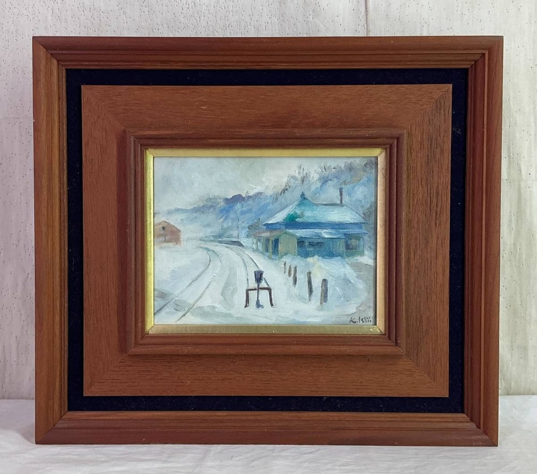 Kimihiko Ishii Terminal Station Oil on Canvas (No.0) – Signed, Framed Painting: An original oil painting (No.0 size) by Kimihiko Ishii, titled Terminal Station , with signature and inscription on the reverse. This work depicts a quiet, contemplative train station scene,