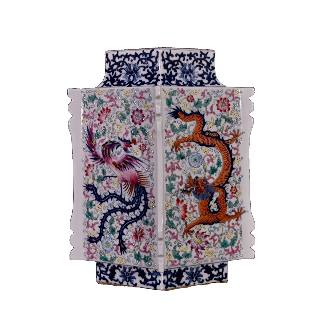 Qianlong blue and white famille-rose dragon and phoenix pattern diamond-shaped vase: This Qing Dynasty Qianlong blue and white famille-rose diamond-shaped vase features a dragon and phoenix pattern, with a height of 27 centimeters and a width of 21 centimeters. The unique shape of