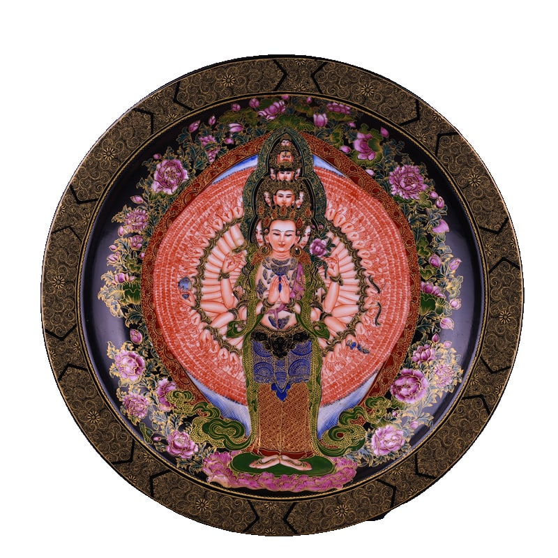 Qianlong period cloisonnE enamel and gilt-decorated openwork plate with a design of a thousand-armed: This Qing Dynasty Famille-Rose and Gilt Thousand-Hand Guanyin Patterned Open Bowl measures 6.3 cm in height and 42.5 cm in width. The bowl is spacious with a generous open mouth, displaying the