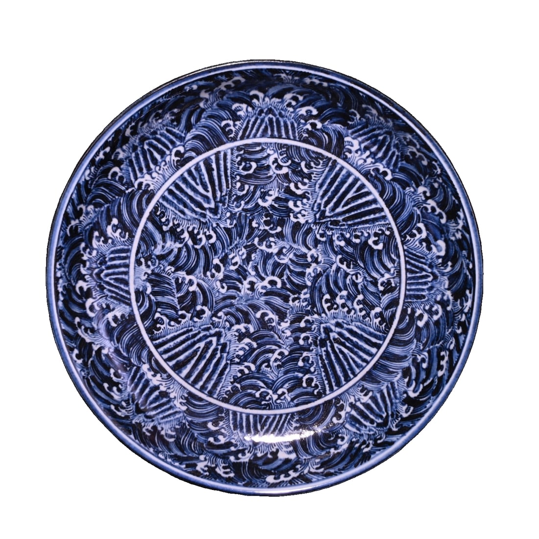 Blue and white large plate with Fu, Shan, Shou, and Hai motifs made during the Ming Yongle period. (1 of 10)