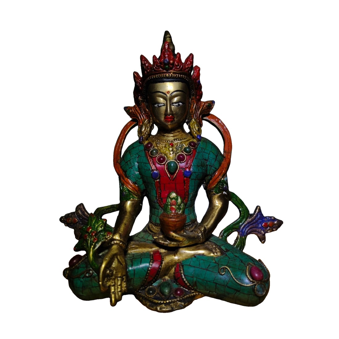 Copper inlaid gemstone painted Medicine Buddha statue: Copper inlaid gemstone painted Medicine Buddha statue, measuring 19x18.5x8 cm, weighing 1536.8g.