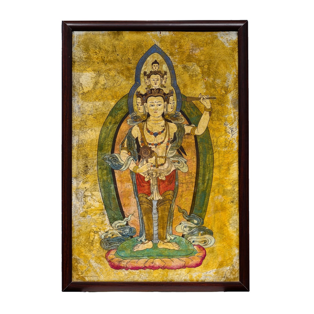 Overall reveal mounting [wall skin mural] fine figure pattern wall skin painting.: Overall unveiling and mounting of fine figure-patterned wall painting, a whole mural preserved and remounted. 96cm in height and 66cm in width. Wall paintings, also known as murals, are stored on