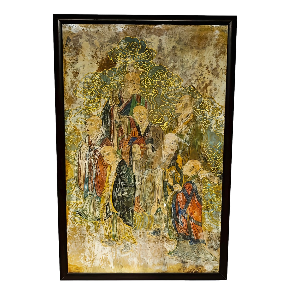 Wall painting with figure patterns and gold outlines on wall skin.: Wall skin mural · figure pattern gold wall skin painting, overall mural embossed, new mounting old painting. A fine decoration for villas, hotels and clubs. 76cmx116cm Wall skin painting, also known