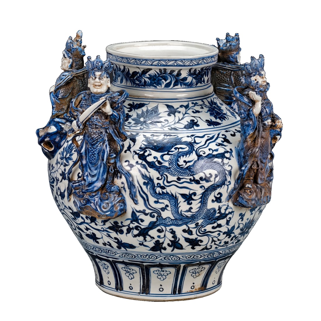Yuan Dynasty - Tongjing Mangong floral painted "Four Heavenly Kings" beast head jar with pierced: Yuan Dynasty - A blue and white molded porcelain jar with the design of "Four Heavenly Kings" by Tongjing Mangong. It measures 44 cm in height and 47 cm in width. The craftsmanship of the jar in the