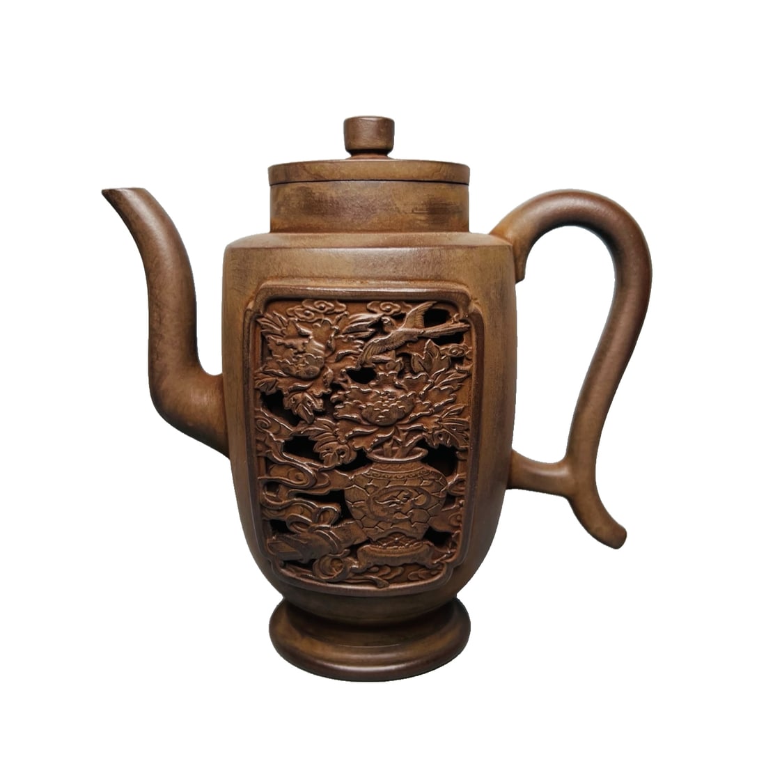 Yixing Purple Clay Factory teapot, carved hollow teapot by Wang Nanlin. (1 of 10)