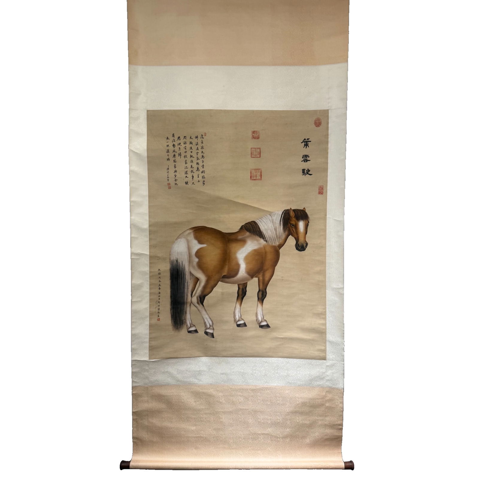 Lang Shining, Ma Li Axis Painting: This painting by Lang Shining has dimensions of 114x82cm. The artwork depicts a spirited horse with meticulous brushwork, showcasing a natural and mottled coat, reflecting the artist's profound unders