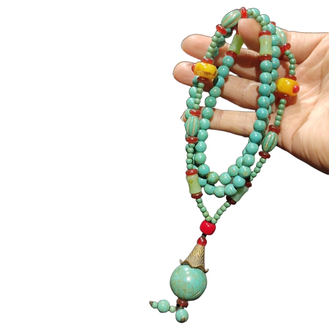 Qing Dynasty antique green turquoise Buddha bead necklace.: Qing Dynasty antique green turquoise Buddha bead necklace, adorned with amber beads/ruby beads/and Hetian jade barrel beads, dimensions as shown in the picture, weighing 84.4 grams.