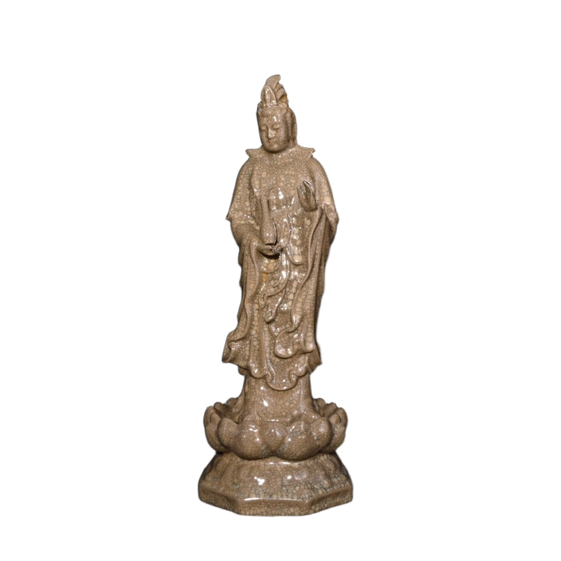 Song Brother Kiln, Song Dynasty Imperial Brother style Guanyin.: This Song Dynasty Guan Yin statue is 43x15 cm in size, with a dignified shape standing on a lotus pedestal. It has an elegant and stable appearance, with smooth and natural lines. The glaze color