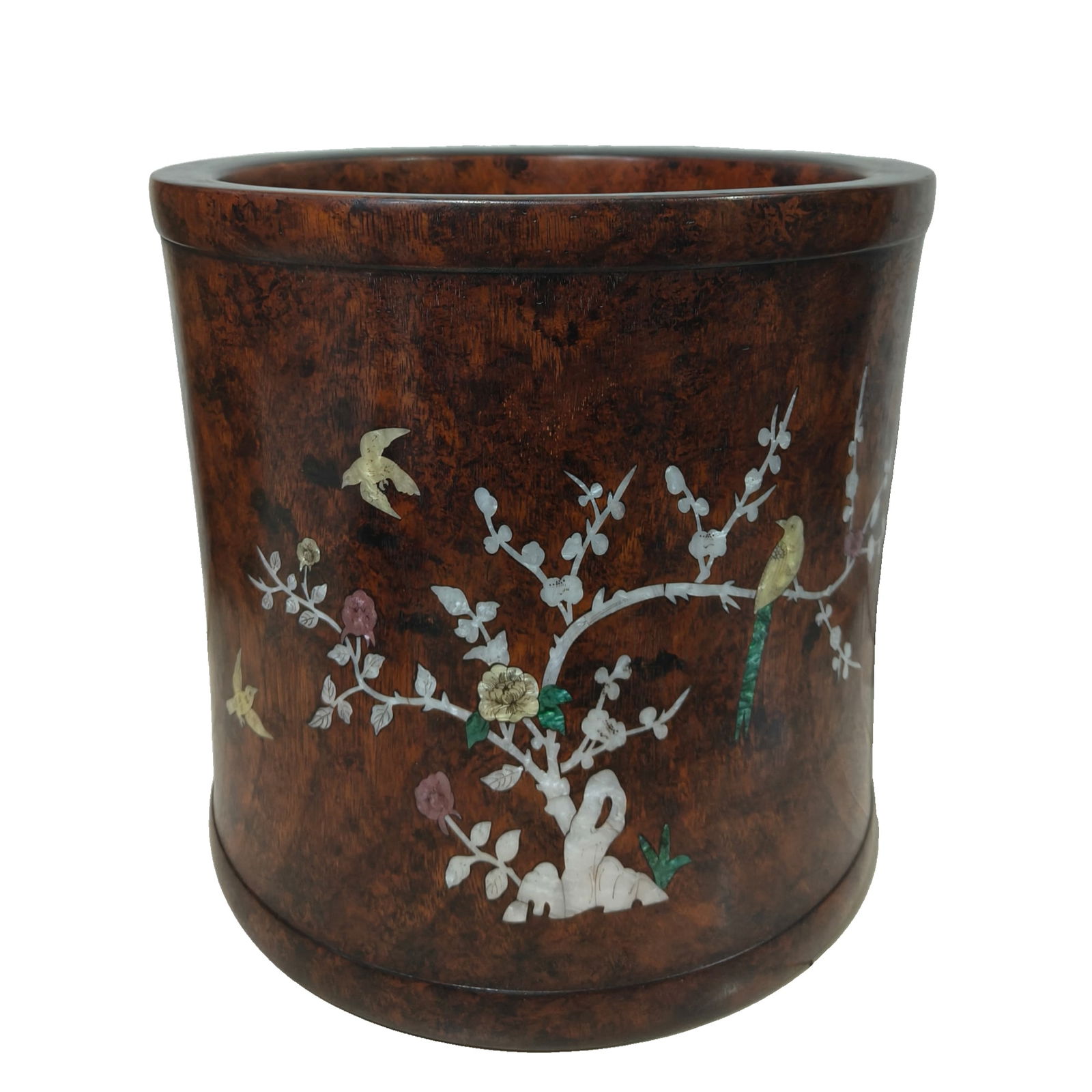 Yellow Rosewood Large Pen Holder: Huanghuali wood large brush pot, (floral and bird) all products are intact, the color is as shown in the picture, dimensions and details as shown in the picture, weight: 10.4 kilograms.