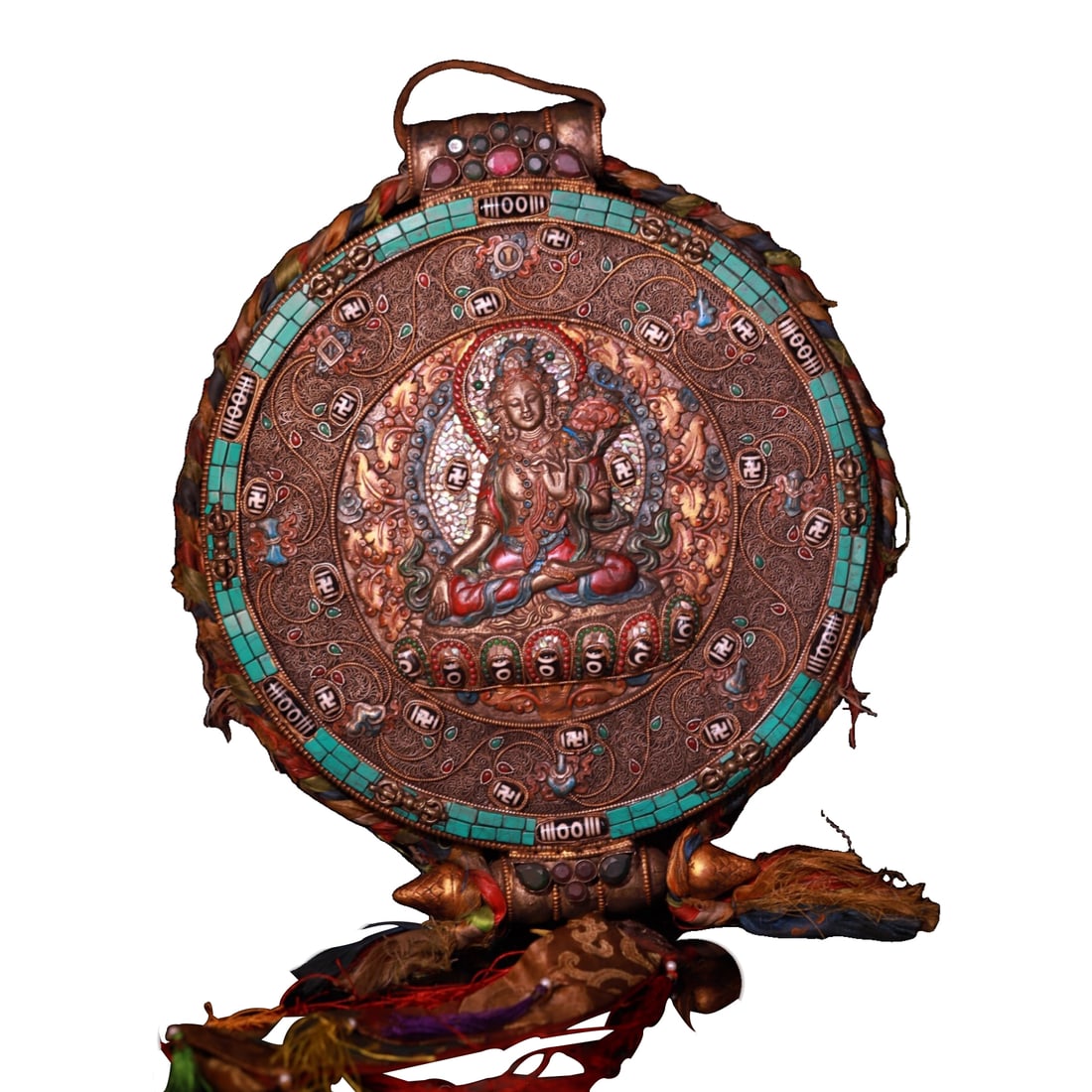 Copper pure hand-made filigree inlaid gemstone Thangka.: Copper pure handmade filigree inlaid gemstone Thangka, measuring 38 cm in height, 31 cm in width, 7 cm in thickness, and weighing approximately 2600 grams.