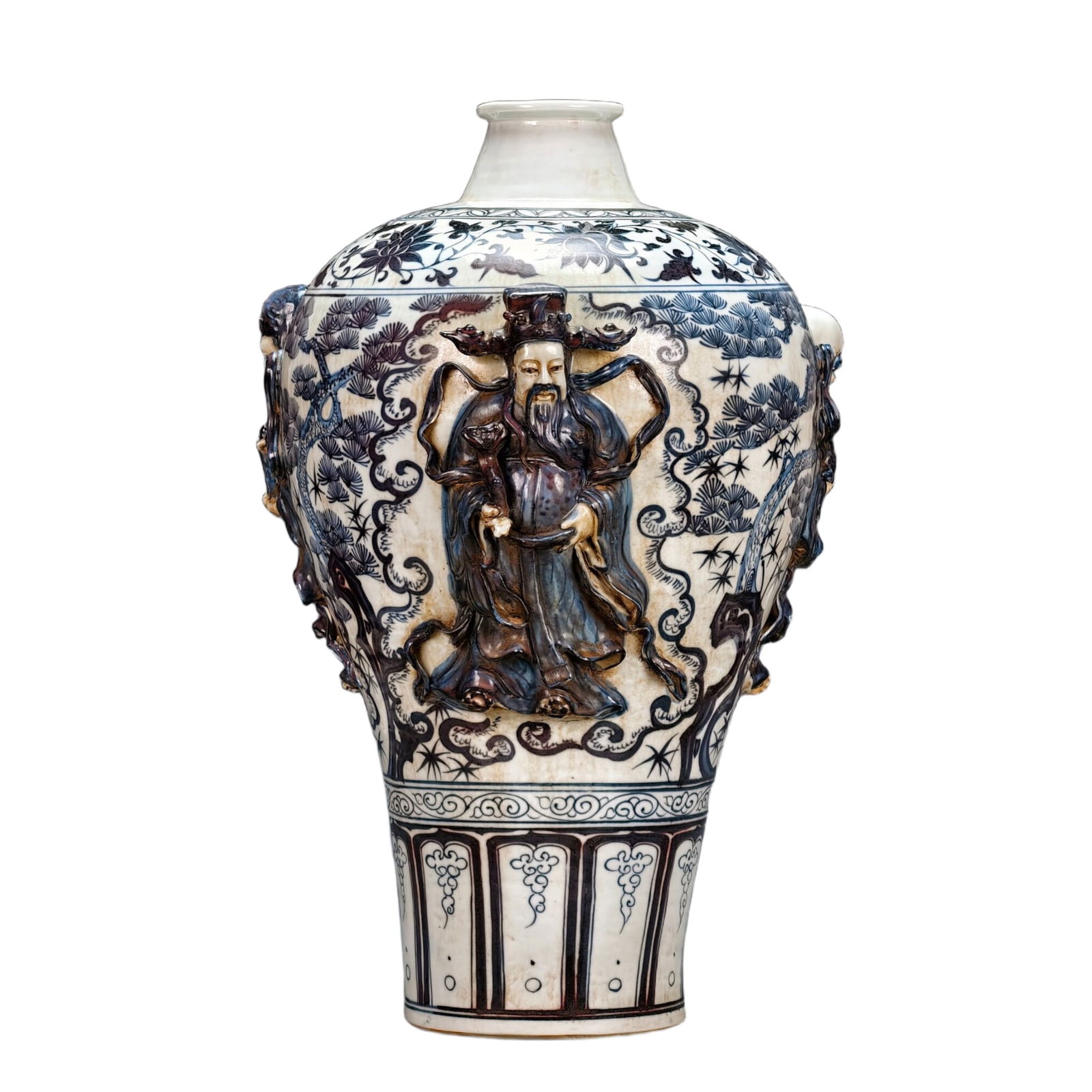 Blue and white porcelain vase with lotus branches in high relief, sculpted with the motifs of: Blue and white porcelain Meiping vase with high relief carving of lotus branches. The vase is adorned with sculpted figures of Fu, Lu, Shou (Fortune, Prosperity, Longevity) and three-star patterns.
