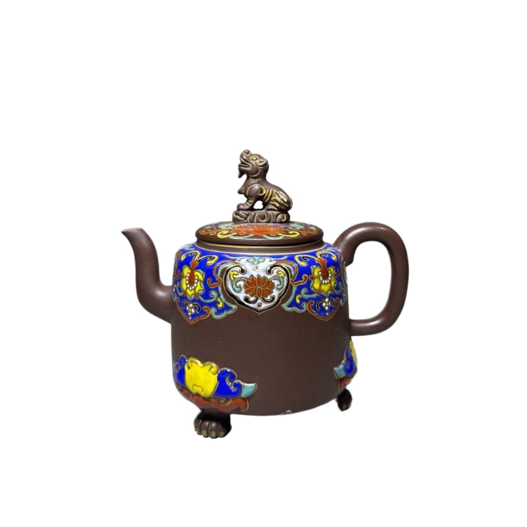 CloisonnE Gilt Purple Clay Teapot: Fine Enamel Gilt Purple Clay Teapot Collection Tea Type: Three-legged Beast Teapot Bottom Mark: Handmade by Chen Tao Material: Purple Clay Capacity: 400cc Spout: Mesh hole Size: 15/14cm Pure hand-pain