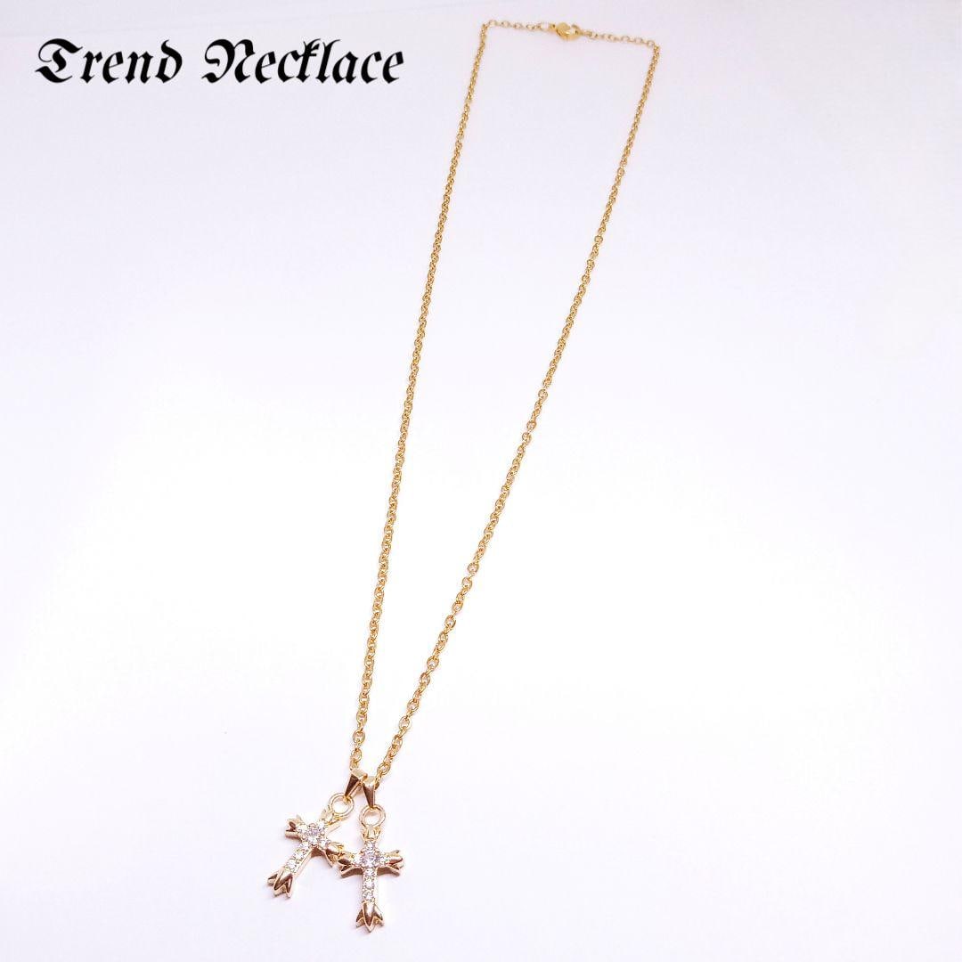 (Second-hand) Double cross necklace, alloy chain, gold color: Double cross necklace, alloy chain, gold color, dimensions: Approximately Chain length: 50 cm (including clasp) Pendant size: 1.9 x 1.1 cm