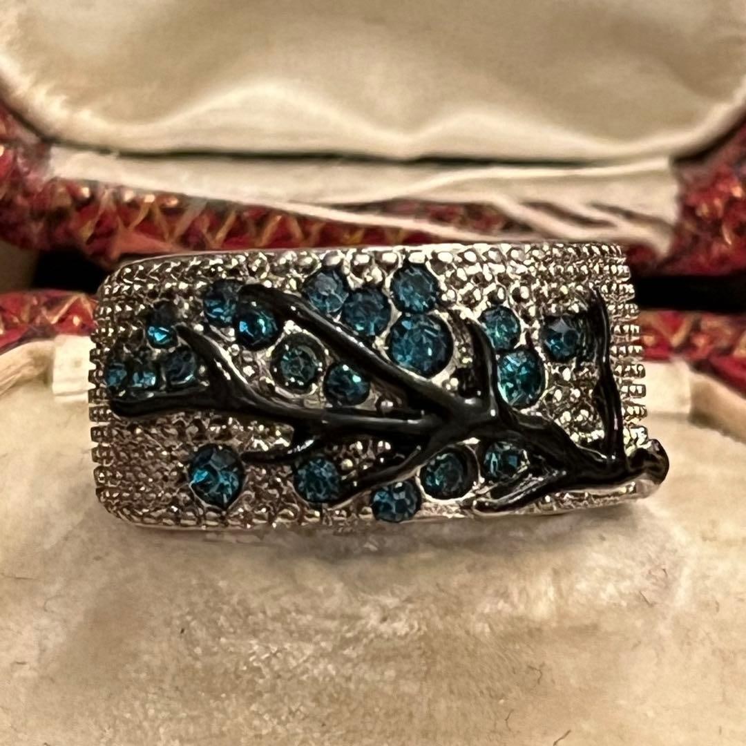 (Second-hand) Vintage tree-shaped plant pattern wide ring, size 9: Vintage tree-shaped plant pattern wide ring, size 9, with aquamarine gemstone