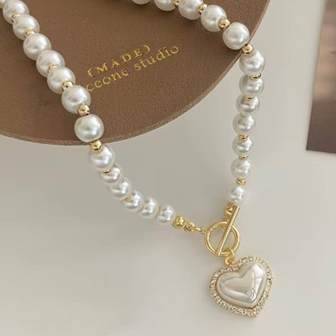 (Second-hand) Pearl Heart-shaped Necklace: Pearl heart-shaped necklace, dimensions Total length approximately 40 centimeters Weight Approximately 11 grams