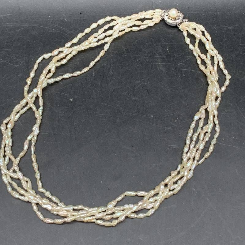 (Second-hand) Five-strand pearl necklace: Five-strand pearl necklace, shiny luster, made with freshwater pearls and seed pearls, silver hallmark, total weight 22 grams