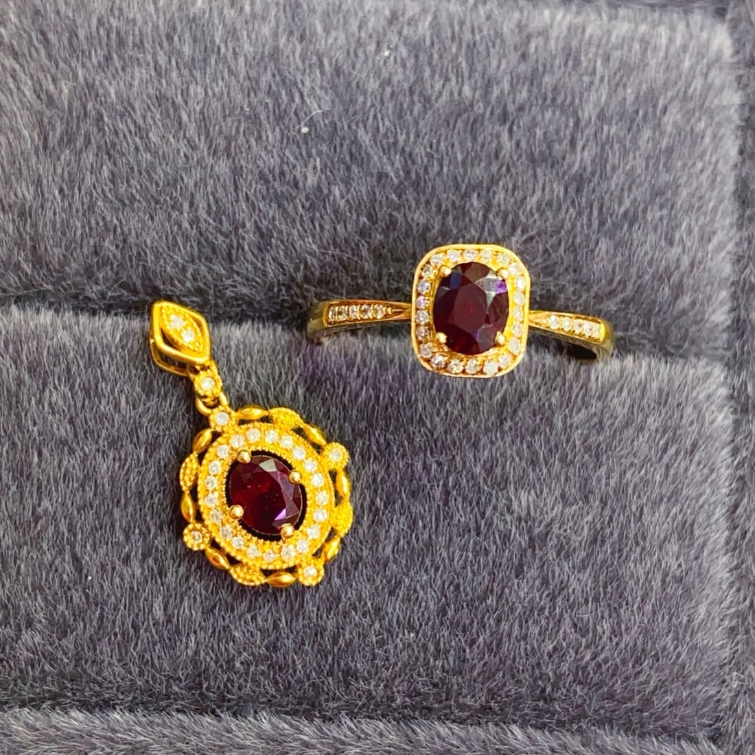 18K Gold Ruby Set: This luxurious 18K Gold Ruby Set is a testament to elegance and sophistication. Featuring a pendant and a ring, each piece is adorned with vibrant rubies that exude a timeless allure. The natural