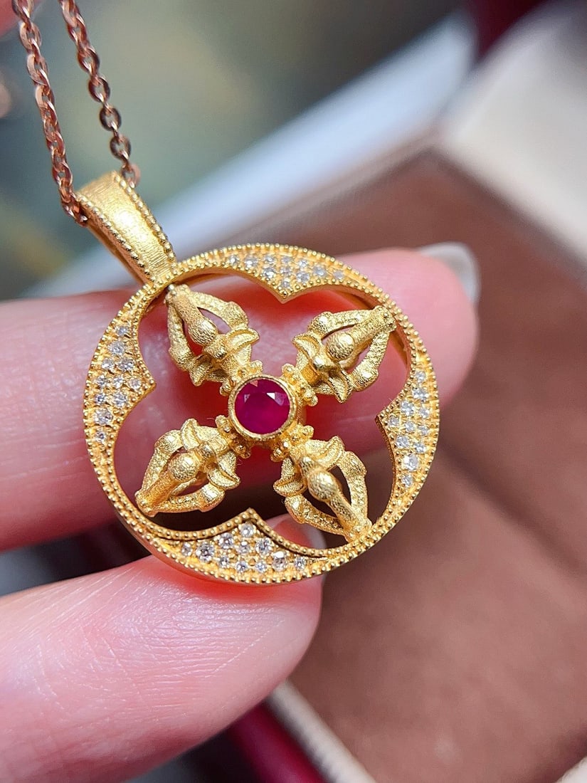 18K Gold Ruby Emerald Pendant - 3