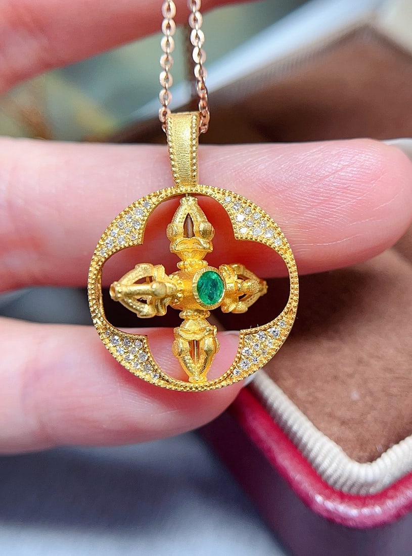 18K Gold Ruby Emerald Pendant - 4