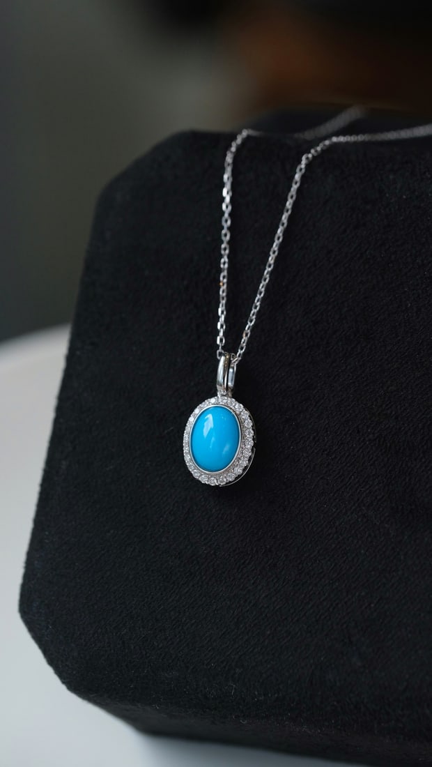 18K Gold Turquoise Pendant: This pendant showcases a captivating turquoise stone, renowned for its high porcelain blue hue, beautifully encased in a classic diamond halo setting. The versatile clasp design allows for effortless