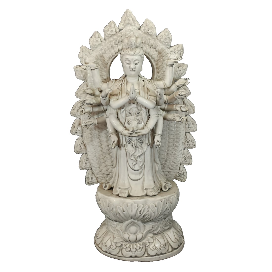 Ming Dynasty Dehua kiln white porcelain with hanging glaze 'Thousand-armed Guanyin': Ming Dynasty Dehua kiln white porcelain with 'He Chaozong' mark, featuring a hanging glaze 'Thousand-Hand Guanyin'. The body is delicate, the glaze is evenly applied and full, well-preserved, and the