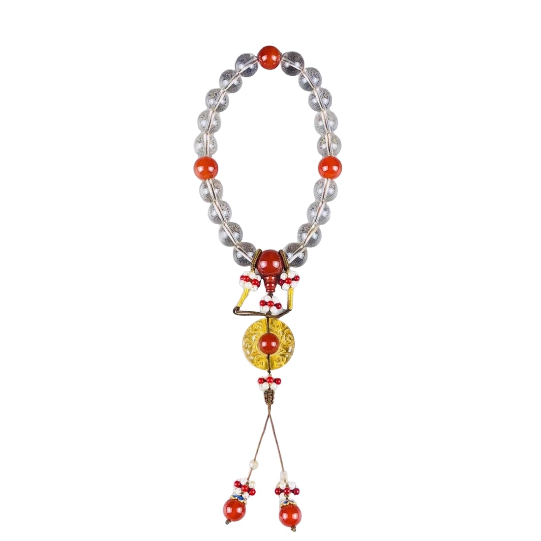 Late Qing Dynasty natural old crystal multi-treasure hand-held prayer beads: Late Qing Dynasty natural old crystal treasure hand-held prayer beads, exquisitely crafted, with a dignified shape, intact without damage. Size 12.6mm, weight 75 grams.