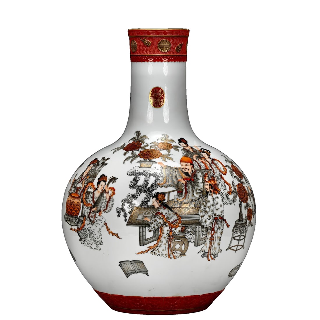 Qianlong Reign of the Great Qing Dynasty Figure Story Patterned Celestial Globe Vase: Qianlong period ink and vermillion colored celestial globe vase with gold-painted figures and stories. 54 cm in height, 37 cm in width.The celestial globe vase in the picture is fully painted with
