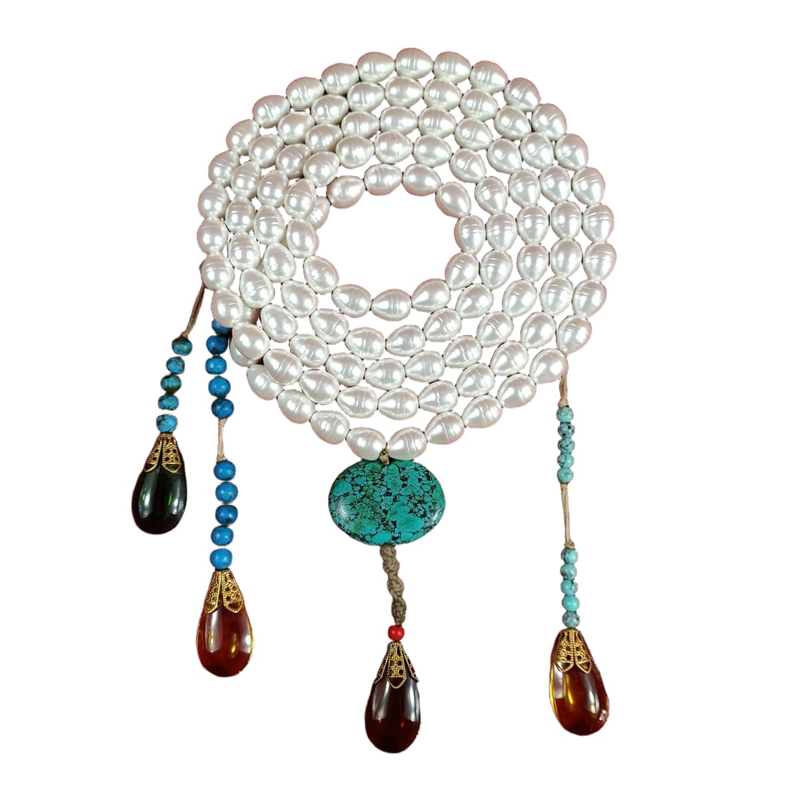 Qing Dynasty pearl and jade necklace: Qing Dynasty pearl court bead, well-preserved, in super perfect condition. The bead measures 1.5x1.2 centimeters and weighs 436 grams.