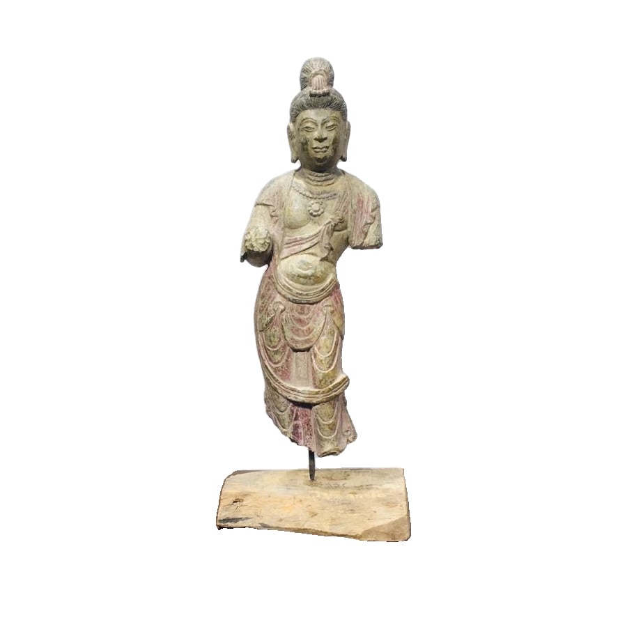 Edo Shogunate era blue stone Buddha statue: During the Edo Shogunate period, a finely carved blue stone Buddha statue with a dignified expression, standing approximately 39 centimeters tall.