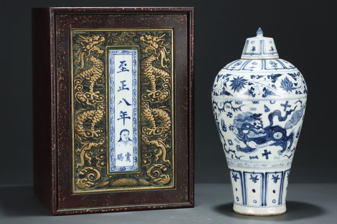 Yuan Dynasty blue and white meiping vase with intertwined lotus branches, lions, and embroidered - 3