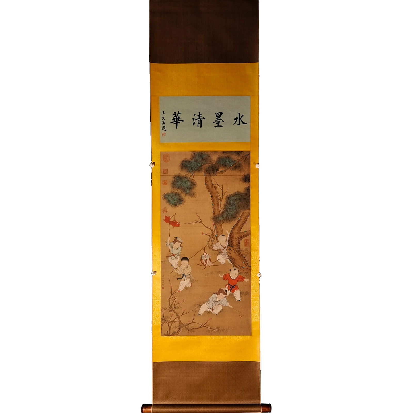 Portrait of a Child Playing with a Silk Scarf by Qiu Ying: The painting "Children at Play" by Qiu Ying is a hanging scroll with a dimension of 202x51 centimeters, while the actual artwork measures 111x42 centimeters. Qiu Ying (1505-1552) was a painter from th