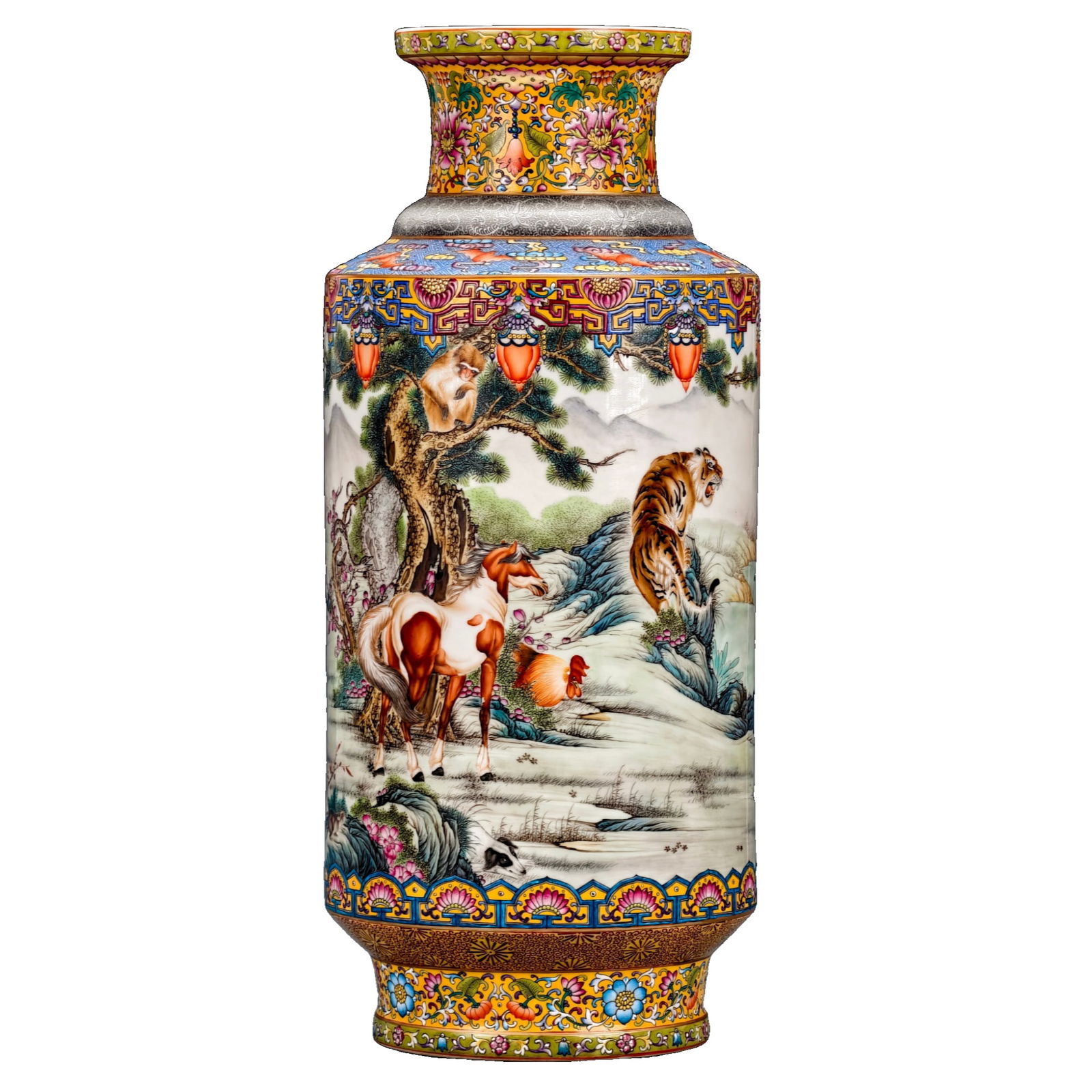 Qianlong period of the Qing Dynasty, a vase with twelve zodiac animal patterns.: A Qianlong period famille-rose porcelain vase with twelve zodiac animal motifs. It measures 52cm in height and 22cm in width.During the "Qianlong" period, which was the peak period for the