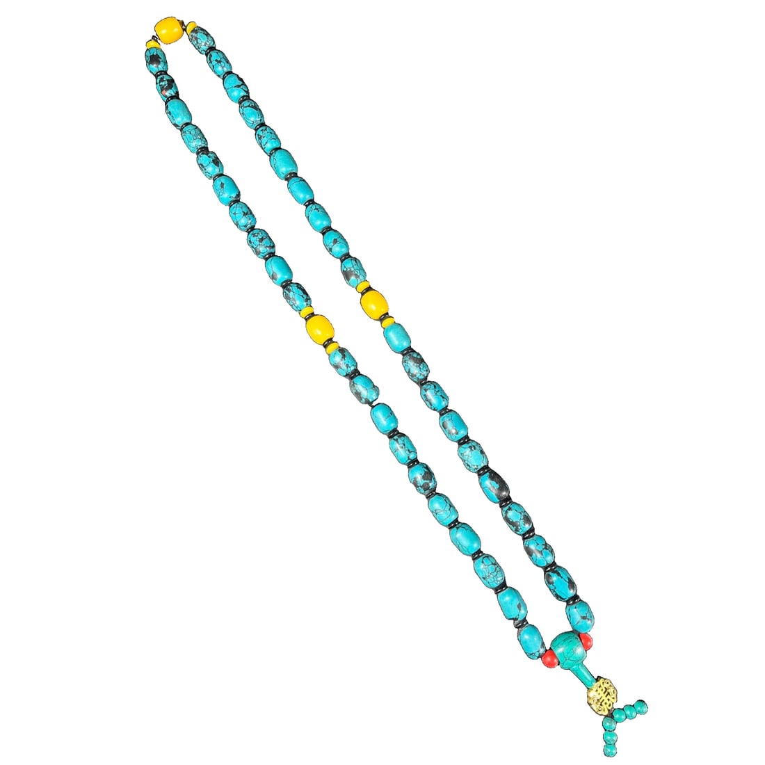 Turquoise bead bracelet necklace: Turquoise bead necklace, with beads measuring 15mm in length, and a total length of 46 centimeters when clasped together.
