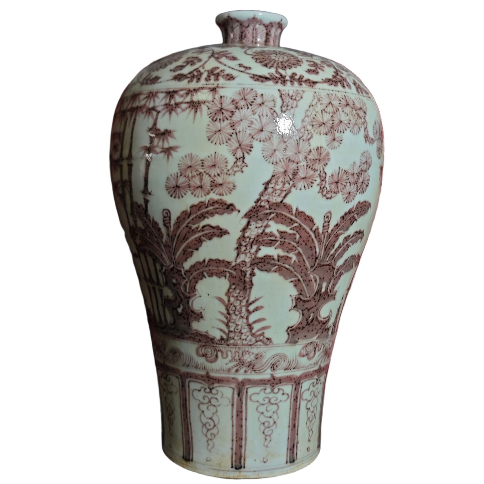 Bright red pine, bamboo, and plum blossom meiping vase: Ming Dynasty underglaze red pine, bamboo and plum blossom vase, 38cm high