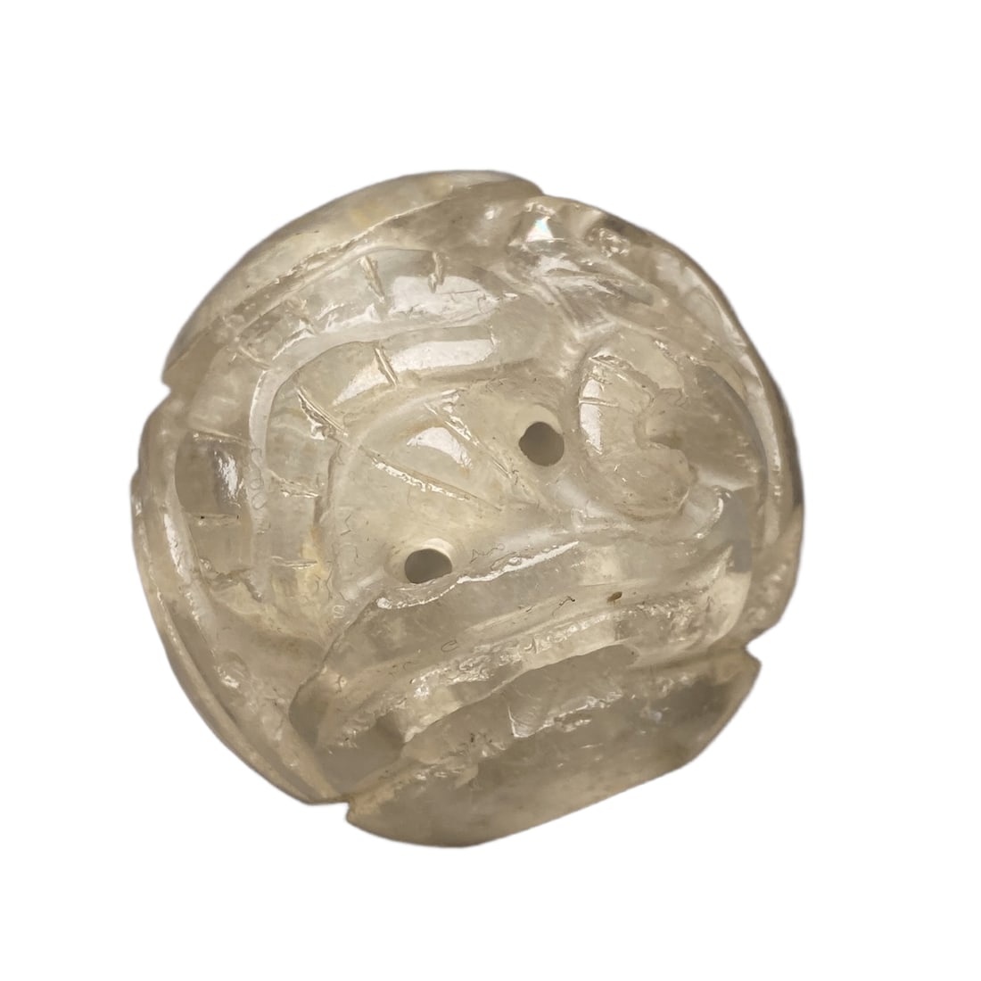 The old crystal is intricately carved with a pine tree and crane design, symbolizing longevity, and: Antique Tibetan old crystal hollow carved pine and crane longevity official hat beadSize: Diameter 35 millimeters Weight 38.9 grams"Pine and Crane Longevity" is a classic combination of traditional