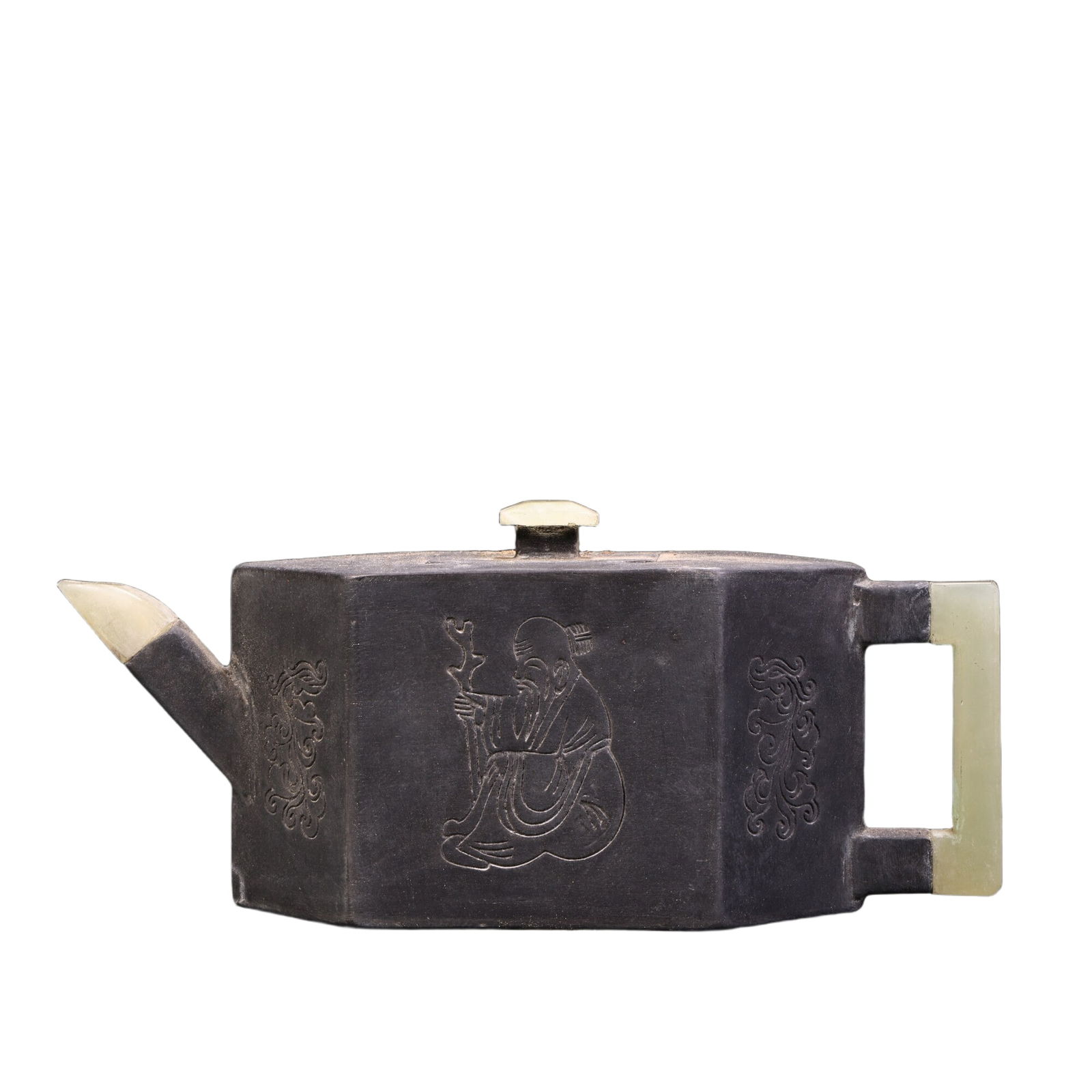 The stone mouth tin teapot.: An antique Tibetan silver teapot inlaid with jadeExquisite craftsmanship, exquisite designWeighs 380 grams, 6.5 cm high, 15.5 cm wide