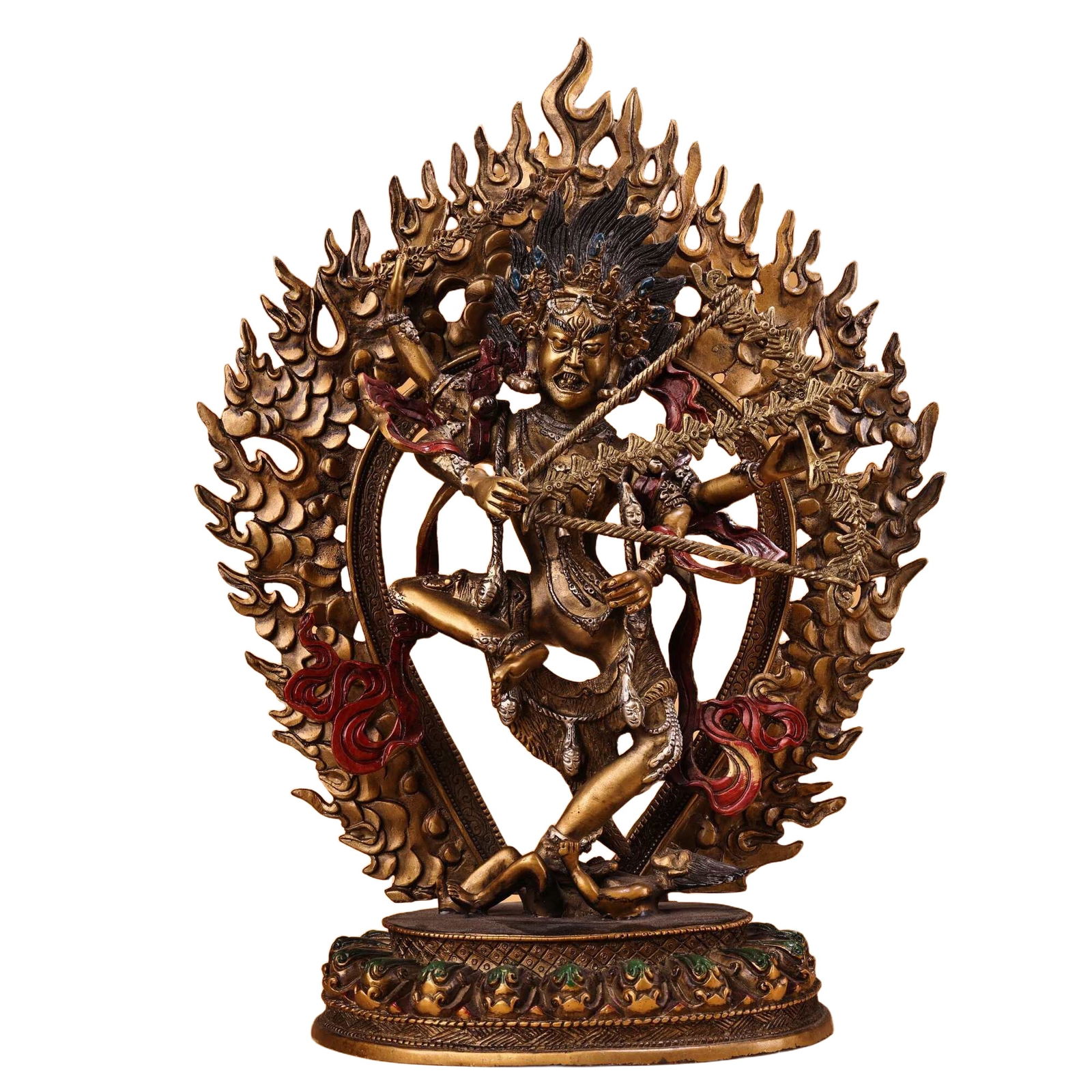 One statue of a copper-colored painted and gold-plated Tibetan-style Dharmapala deity. (1 of 12)