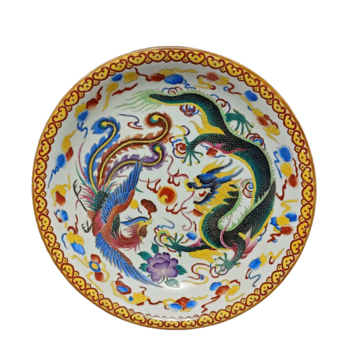 Qing Dynasty cloisonne plate with dragon and phoenix design. (1 of 10)
