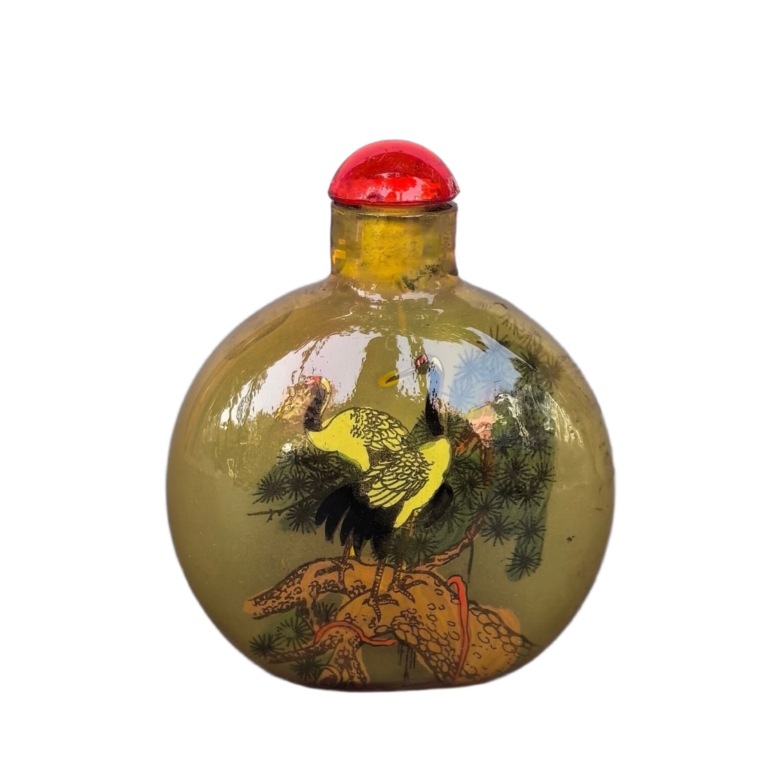 Handmade inside-painted glass snuff bottle with crane design. (1 of 10)