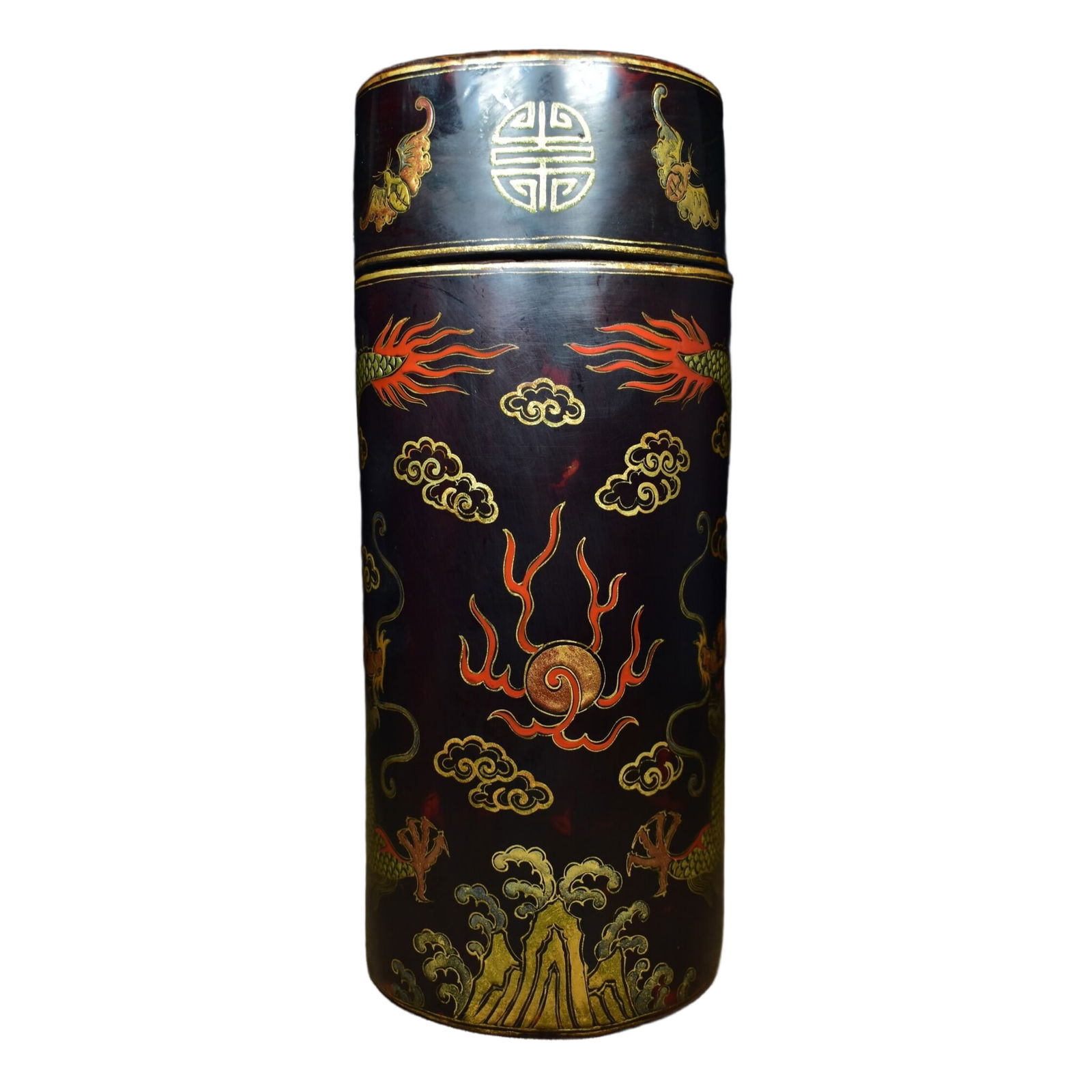 Old tire hand-painted gold dragon lacquer incense tube.: Vintage Hand-painted Double Dragon Lacquer Incense BurnerMeasures 24 centimeters in height, 10 centimeters in diameterWeighs 368 grams
