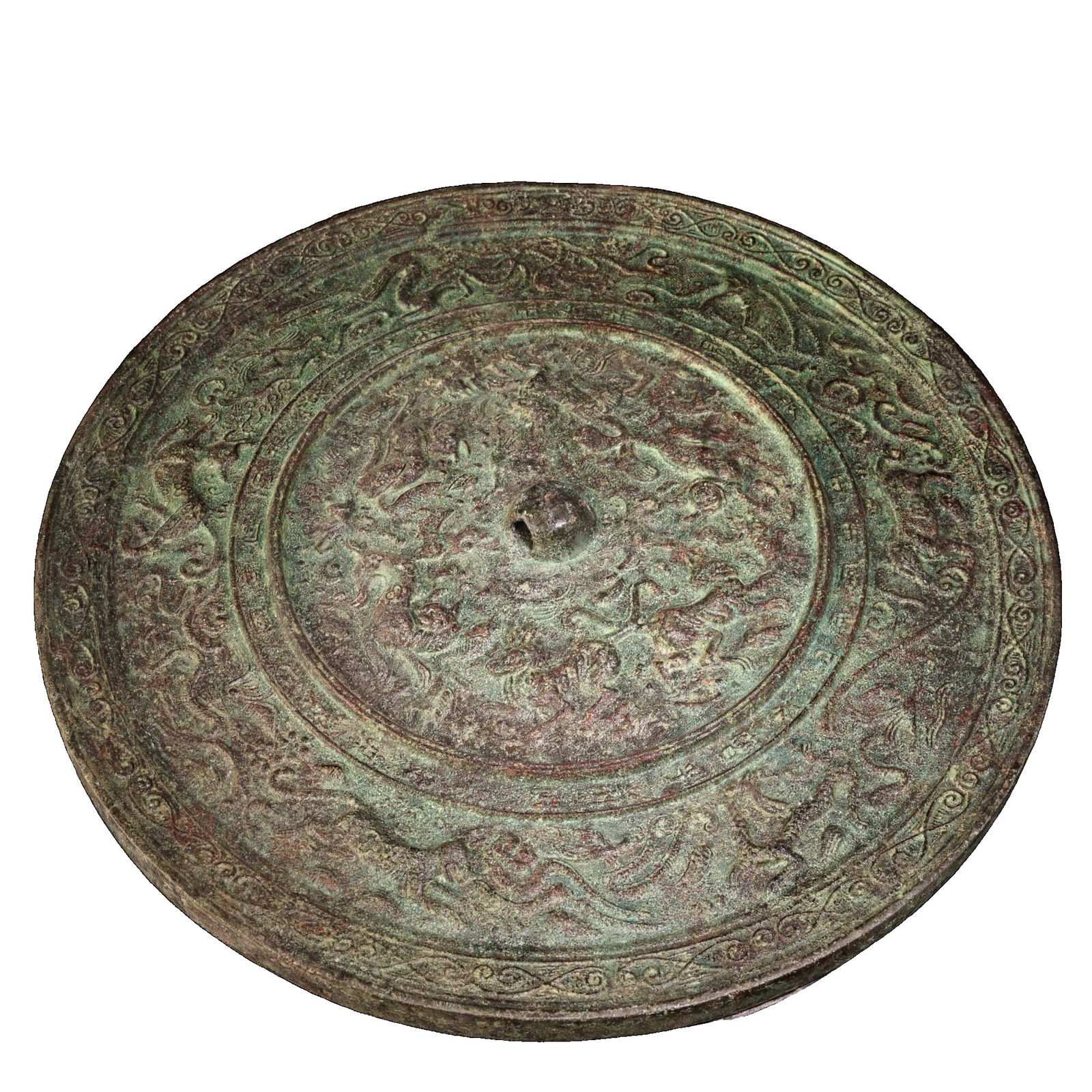 A bronze mirror.: Rare antique bronze mirror from ancient collection.Exquisite craftsmanship with delicate design.Weighs 6000 grams, diameter of 36 centimeters, thickness of 1.5 centimeters.