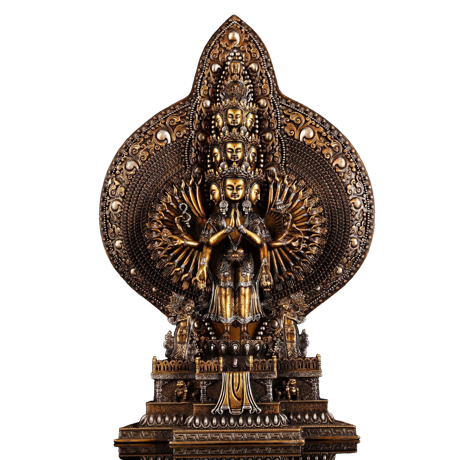 A statue of a gold-plated silver Bodhisattva Avalokiteshvara with a thousand hands, made of copper.: A precious antique copper high relief sculpture of a thousand-armed Guanyin Bodhisattva statue, finely carved and gilded.Weighs 6600 grams, 51 centimeters high, 24 centimeters wide.