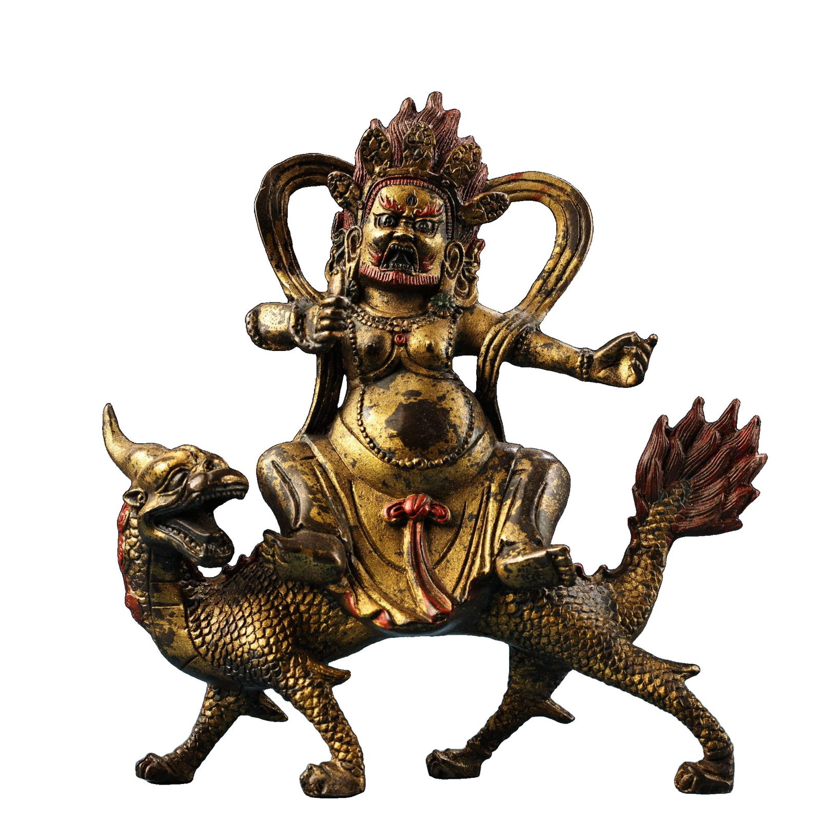 A statue of the Copper Mud Golden Dragon King Wealth God Buddha.: A finely crafted copper high relief sculpture of a Tibetan dragon king and wealth deity statue.Exquisite craftsmanship and beautiful design.Weighs 850 grams, 20 centimeters in height, 18 centimeters i