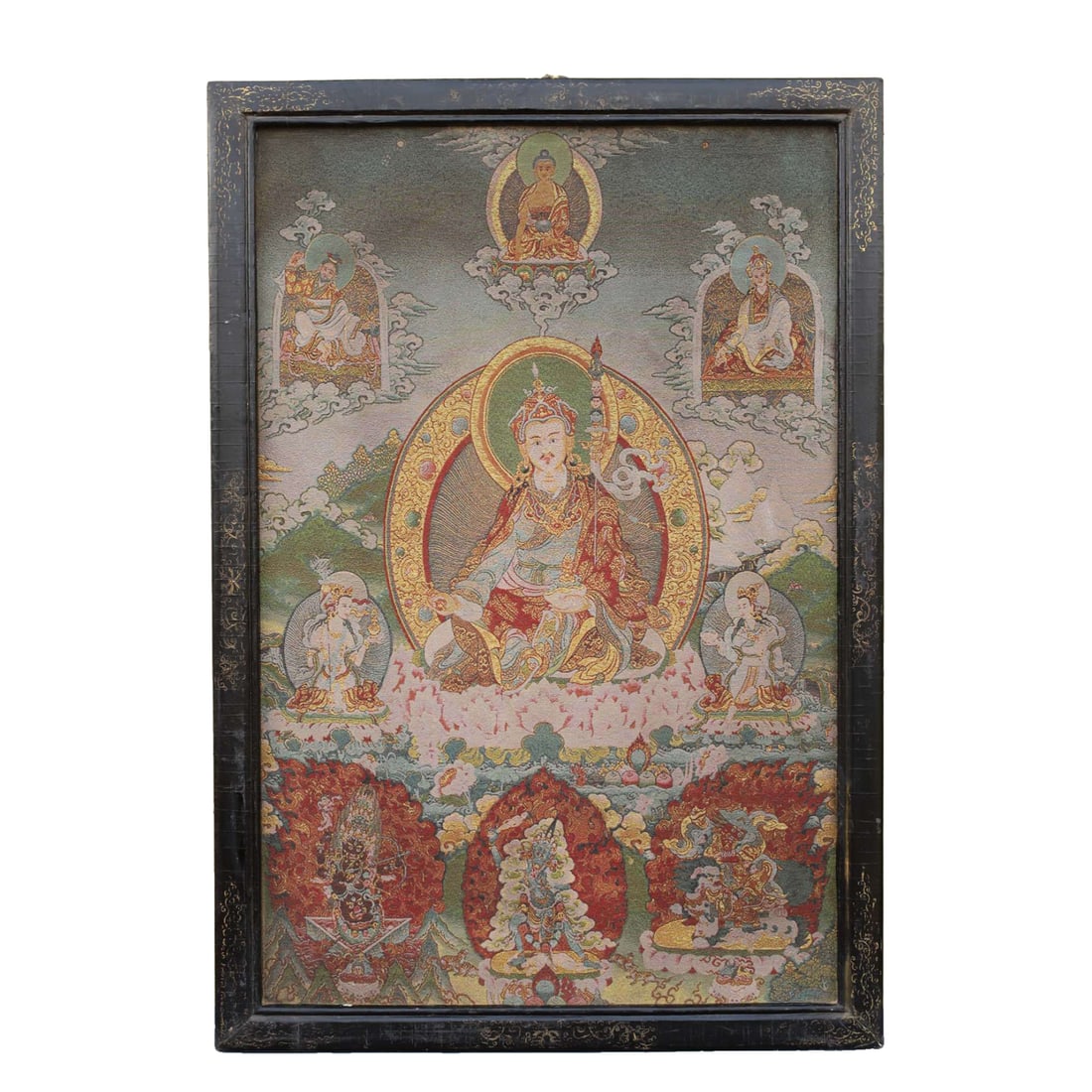 Tibetan Thangka - Embroidered Lotus Buddha Tangka in Solid Wood Frame: Tibetan Thangka - Old Tibetan Embroidered Lotus Buddha Thangka with Solid Wood Frame, 96 cm in height, 66 cm in width, and 4.6 cm in thickness.