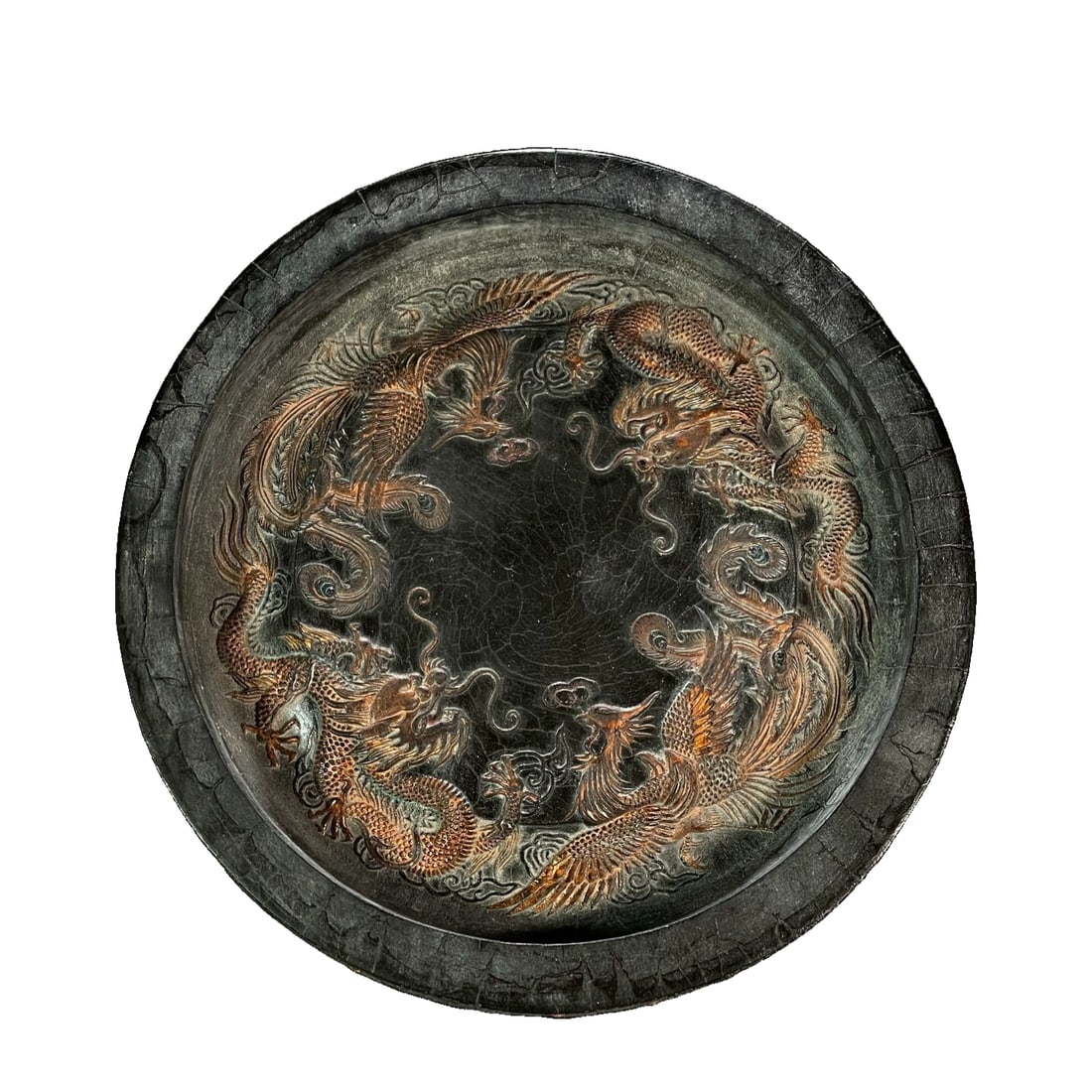 Huizhou Dragon and Phoenix Inkstone Ornament: Huizhou Longfeng inkstone ornament, exquisitely carved with clear patterns. A great item for collection! Weighs approximately 793g, dimensions are 19.8×19.8×3cm.